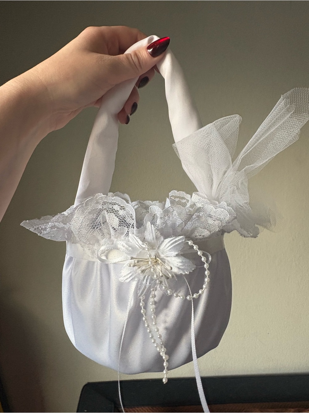 White Satin Flower Girl Basket with Lace & Pearl Floral Accent